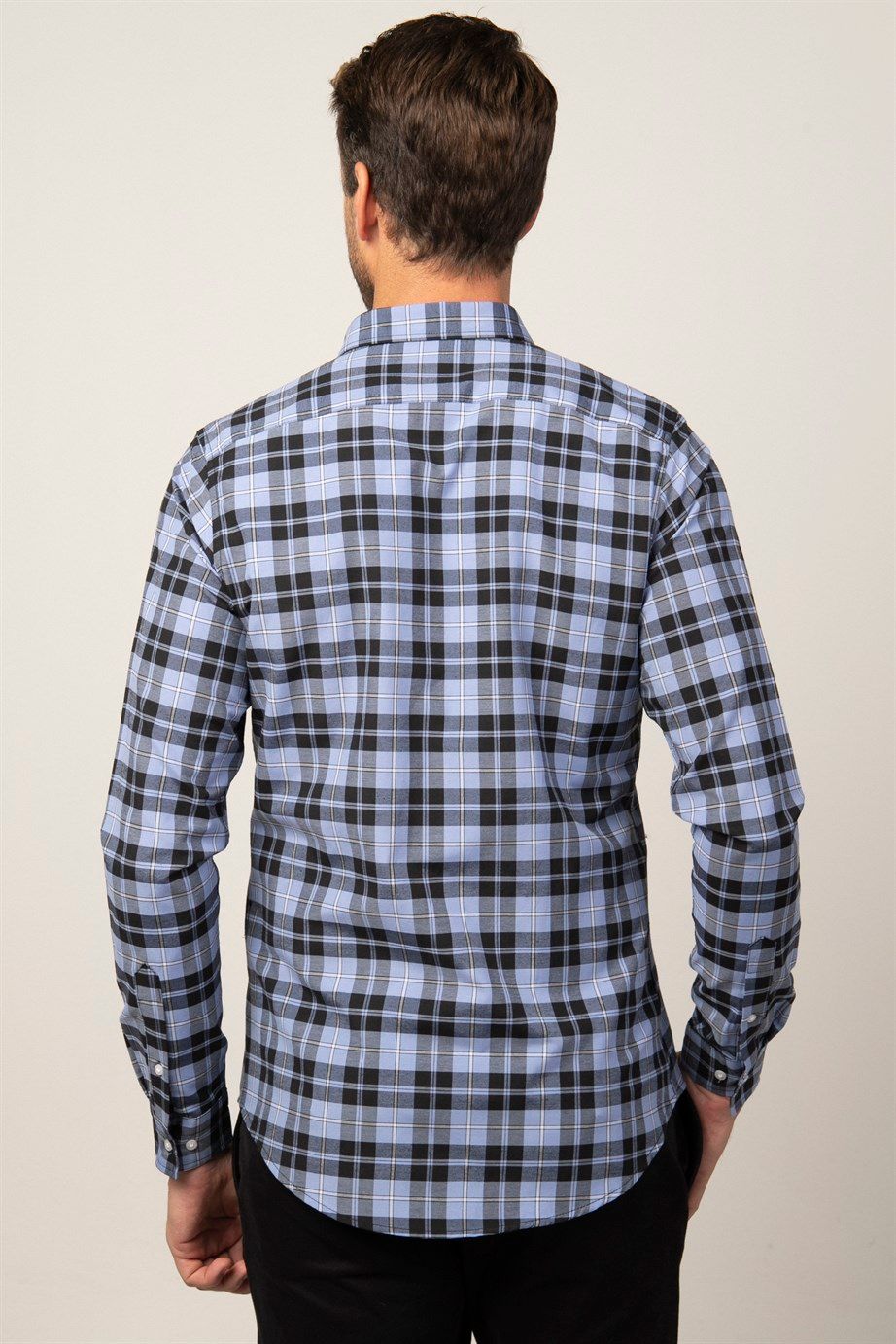 Slim Fit Uzun Kol Ekoseli Biyeli Yaka Düğmeli Erkek Gömlek