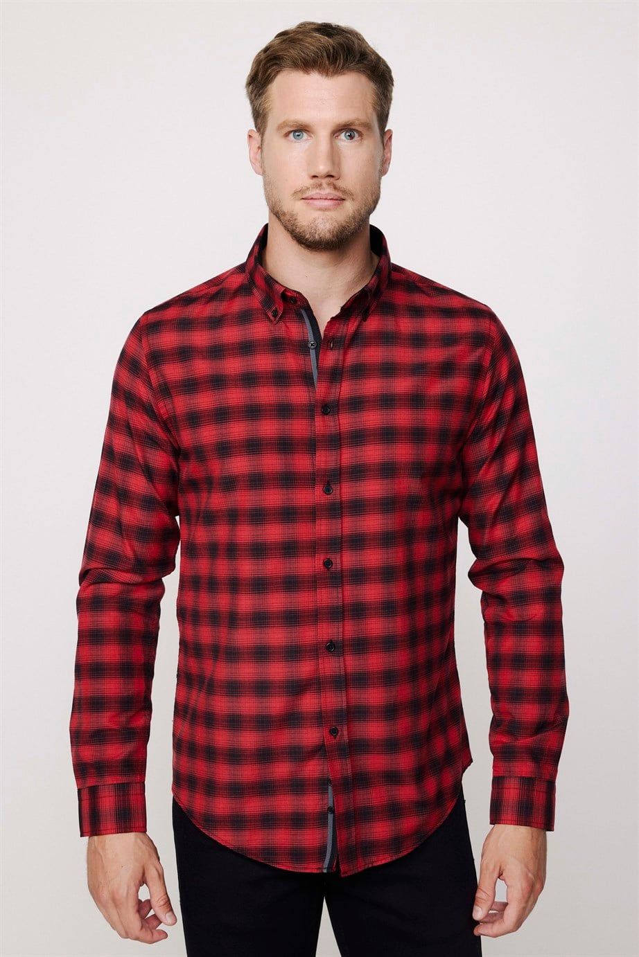 Slim Fit Kareli Pamuklu Kolay Ütü Erkek Gömlek