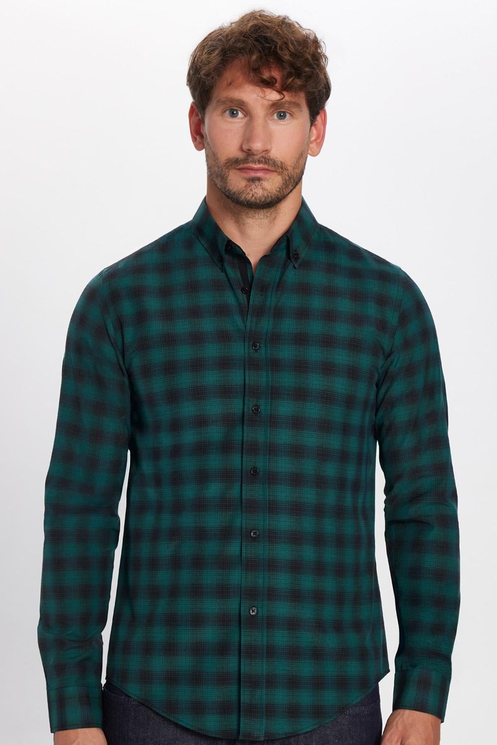 Erkek Slim Fit Dar Kesim Uzun Kollu Pamuklu Kolay Ütü Kareli Düğmeli Yaka Gömlek