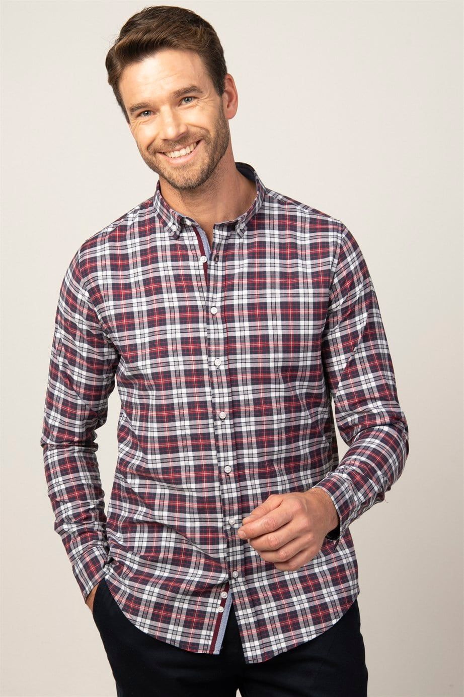 Slim Fit Uzun Kol Ekoseli Biyeli Yaka Düğmeli Erkek Gömlek