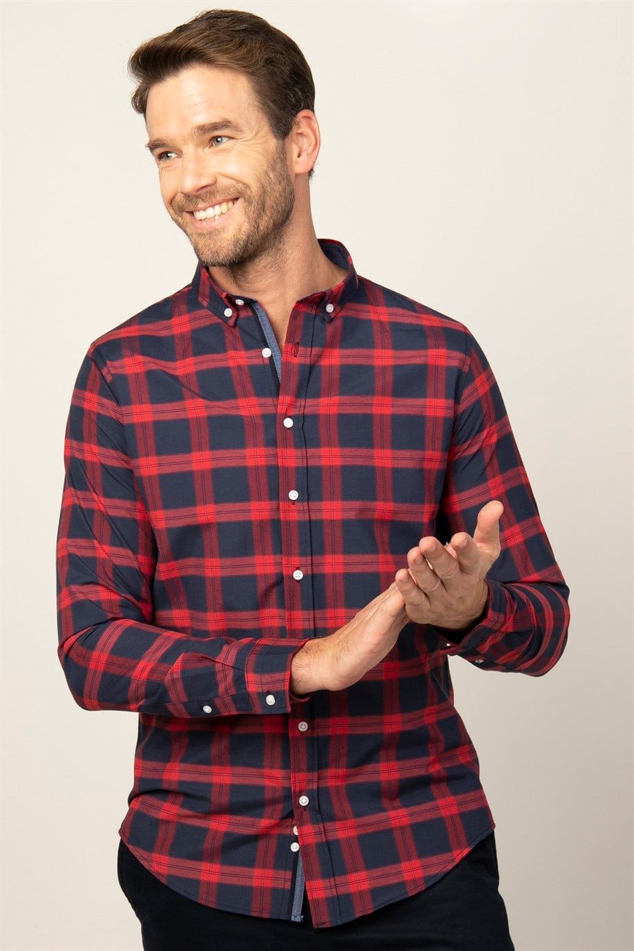 Slim Fit Uzun Kol Ekoseli Biyeli Yaka Düğmeli Erkek Gömlek