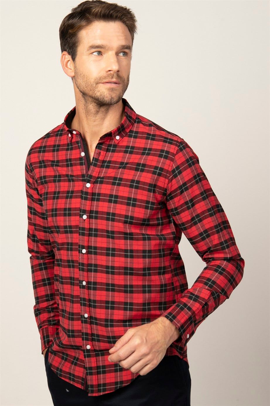 Slim Fit Uzun Kol Ekoseli Biyeli Yaka Düğmeli Erkek Gömlek