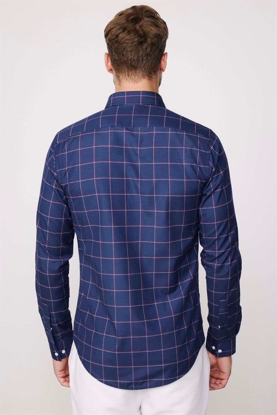 Slim Fit Kareli Pamuklu Kolay Ütü Erkek Lacivert Gömlek