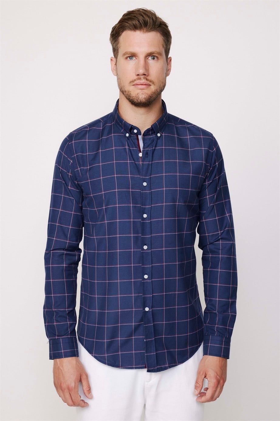 Slim Fit Kareli Pamuklu Kolay Ütü Erkek Lacivert Gömlek