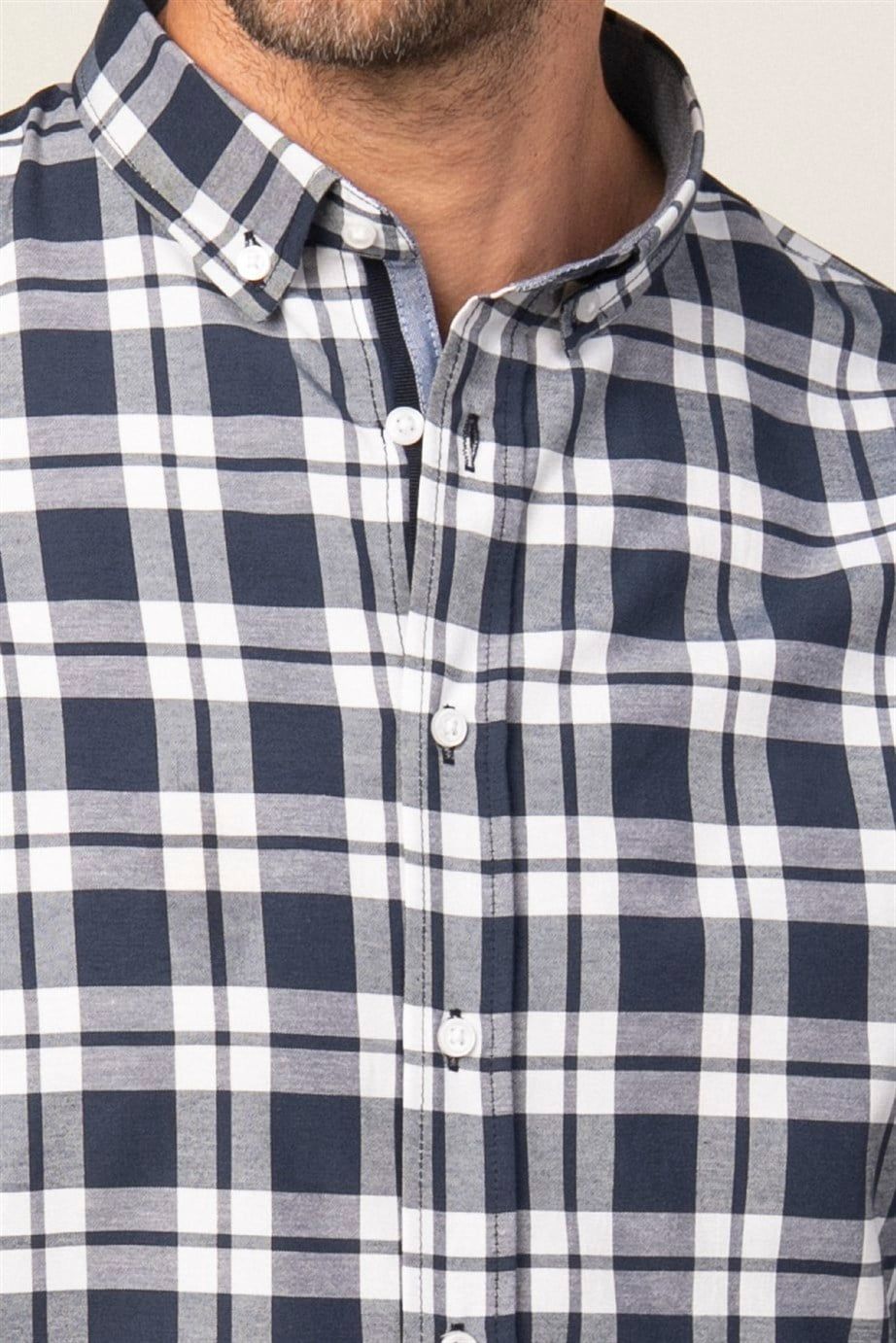 Slim Fit Uzun Kol Ekoseli Biyeli Yaka Düğmeli Erkek Gömlek