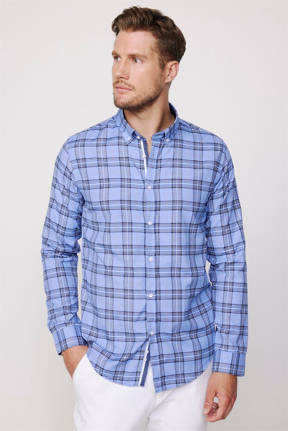 Slim Fit Kareli Pamuklu Kolay Ütü Erkek Gömlek