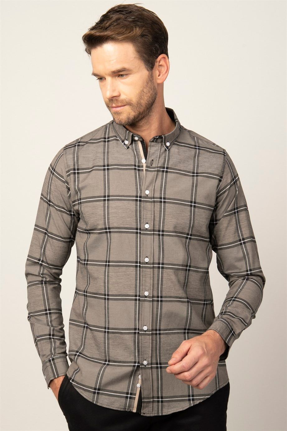 Slim Fit Uzun Kol Ekoseli Biyeli Yaka Düğmeli Erkek Gömlek
