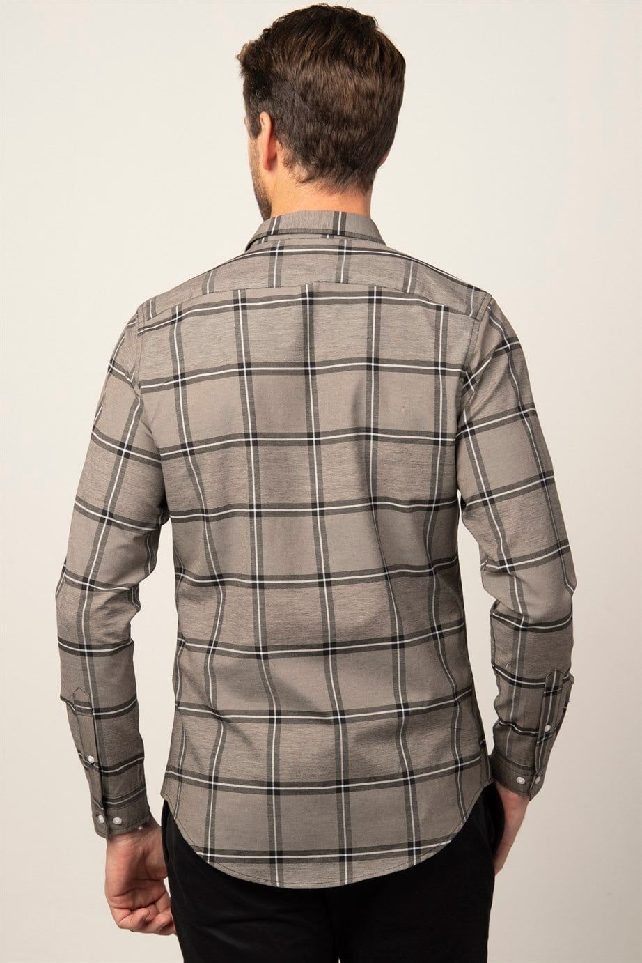 Slim Fit Uzun Kol Ekoseli Biyeli Yaka Düğmeli Erkek Gömlek