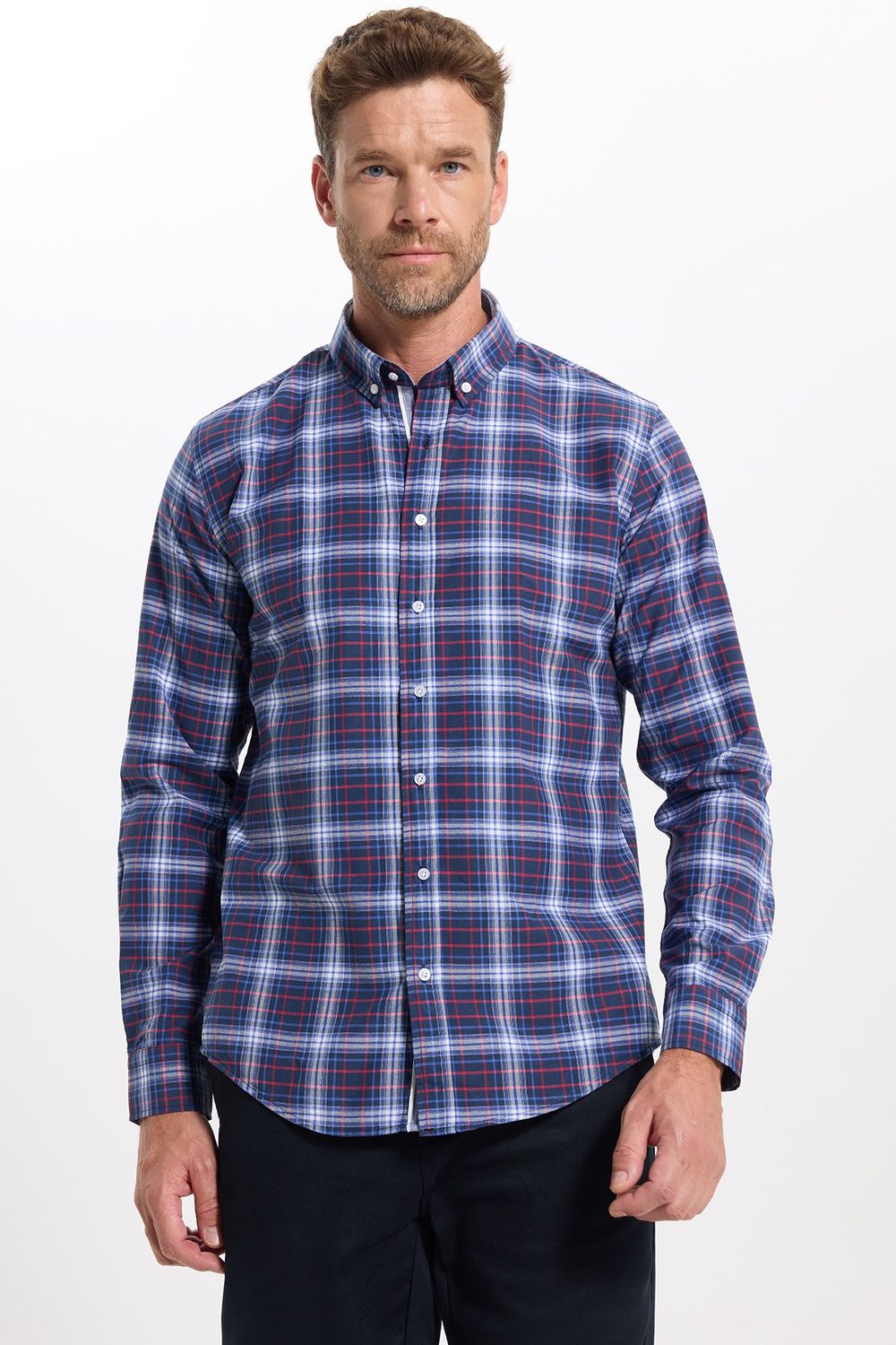 Erkek Slim Fit Dar Kesim Uzun Kollu Pamuklu Kolay Ütülenebilir Kareli Düğmeli Yaka Gömlek