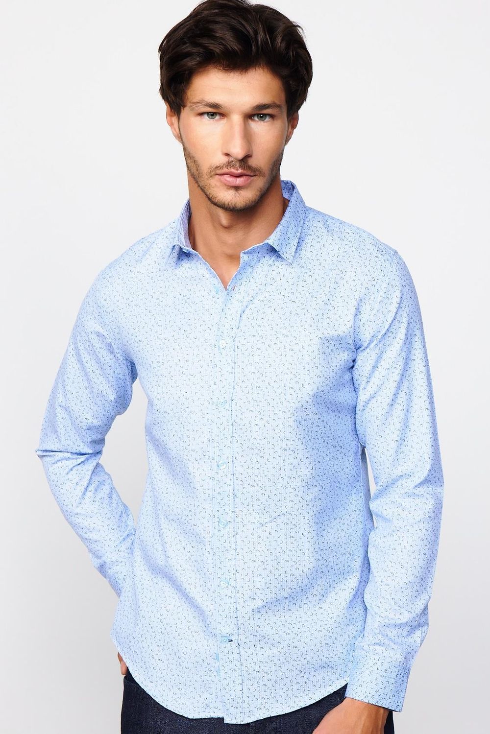 Slim Fit Dar Kesim Desenli Pamuklu Kolay Ütülenebilir Mavi Erkek Gömlek