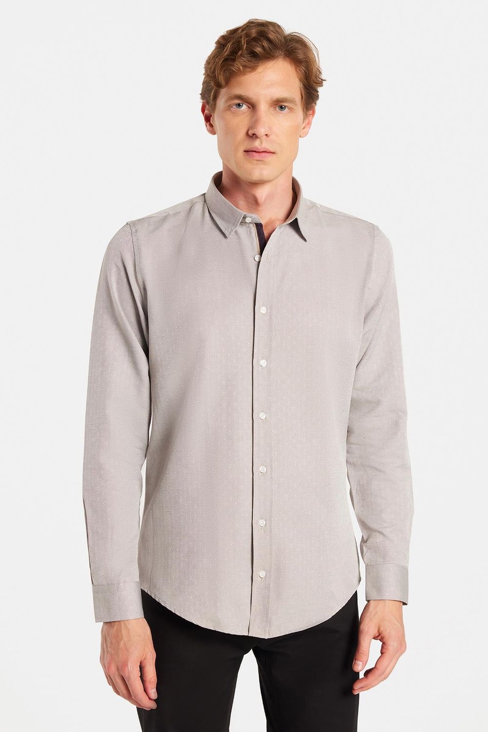 Slim Fit Uzun Kollu Oxford Doku Armürlü Biyeli Erkek Krem Gömlek
