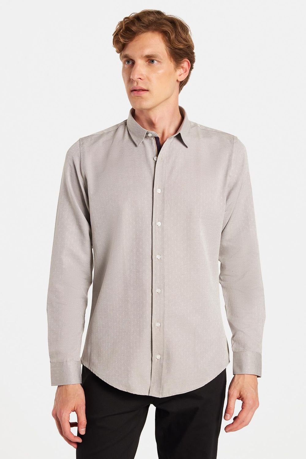 Slim Fit Uzun Kollu Oxford Doku Armürlü Biyeli Erkek Krem Gömlek