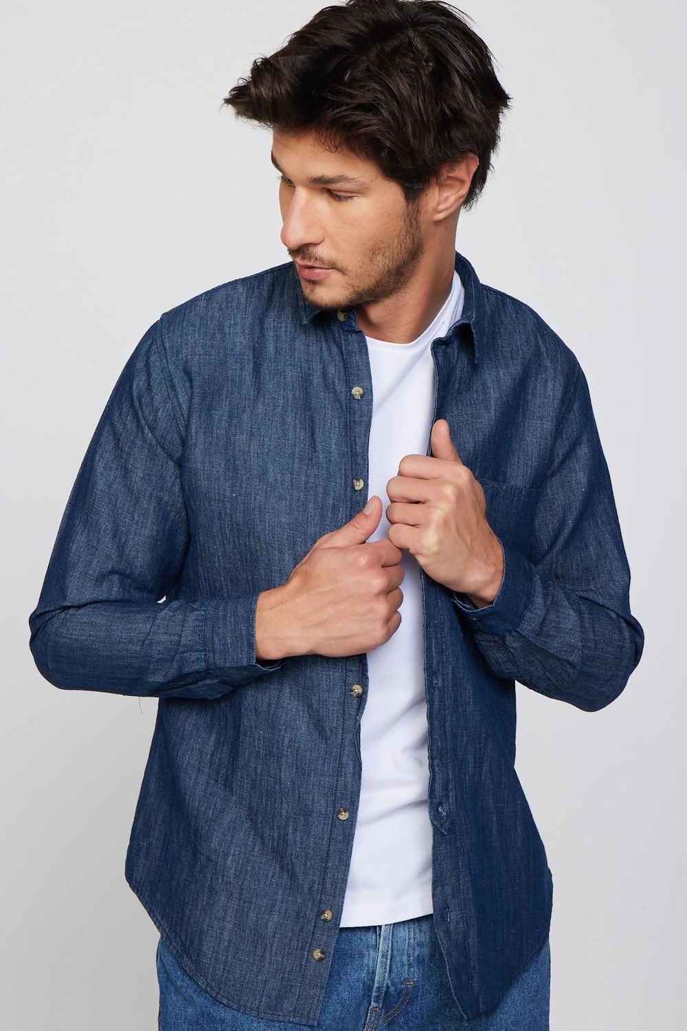 Slim Fit Uzun Kol Tek Cep Denim Lacivert Erkek Gömlek
