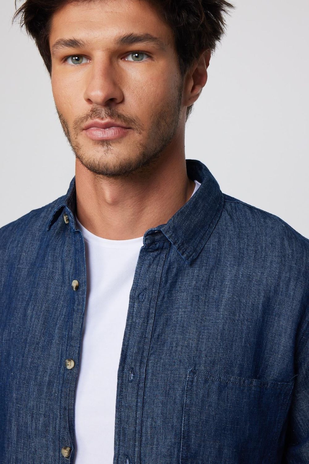Slim Fit Uzun Kol Tek Cep Denim Lacivert Erkek Gömlek