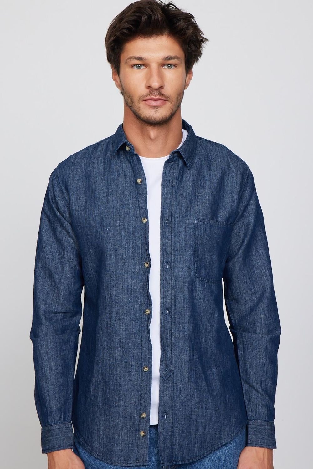 Slim Fit Uzun Kol Tek Cep Denim Lacivert Erkek Gömlek