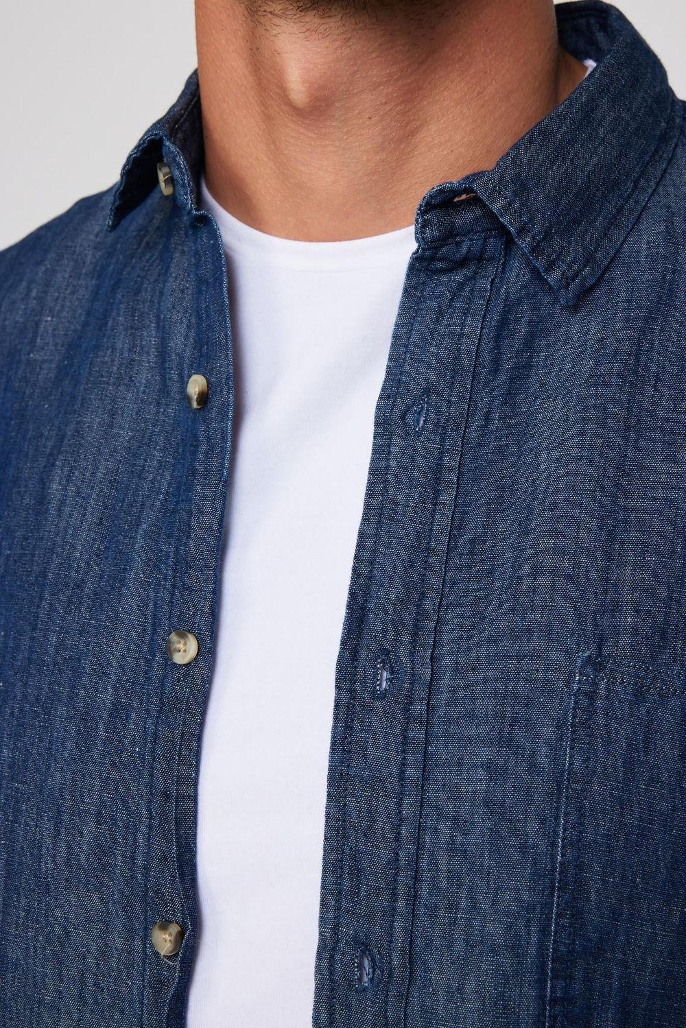 Slim Fit Uzun Kol Tek Cep Denim Lacivert Erkek Gömlek