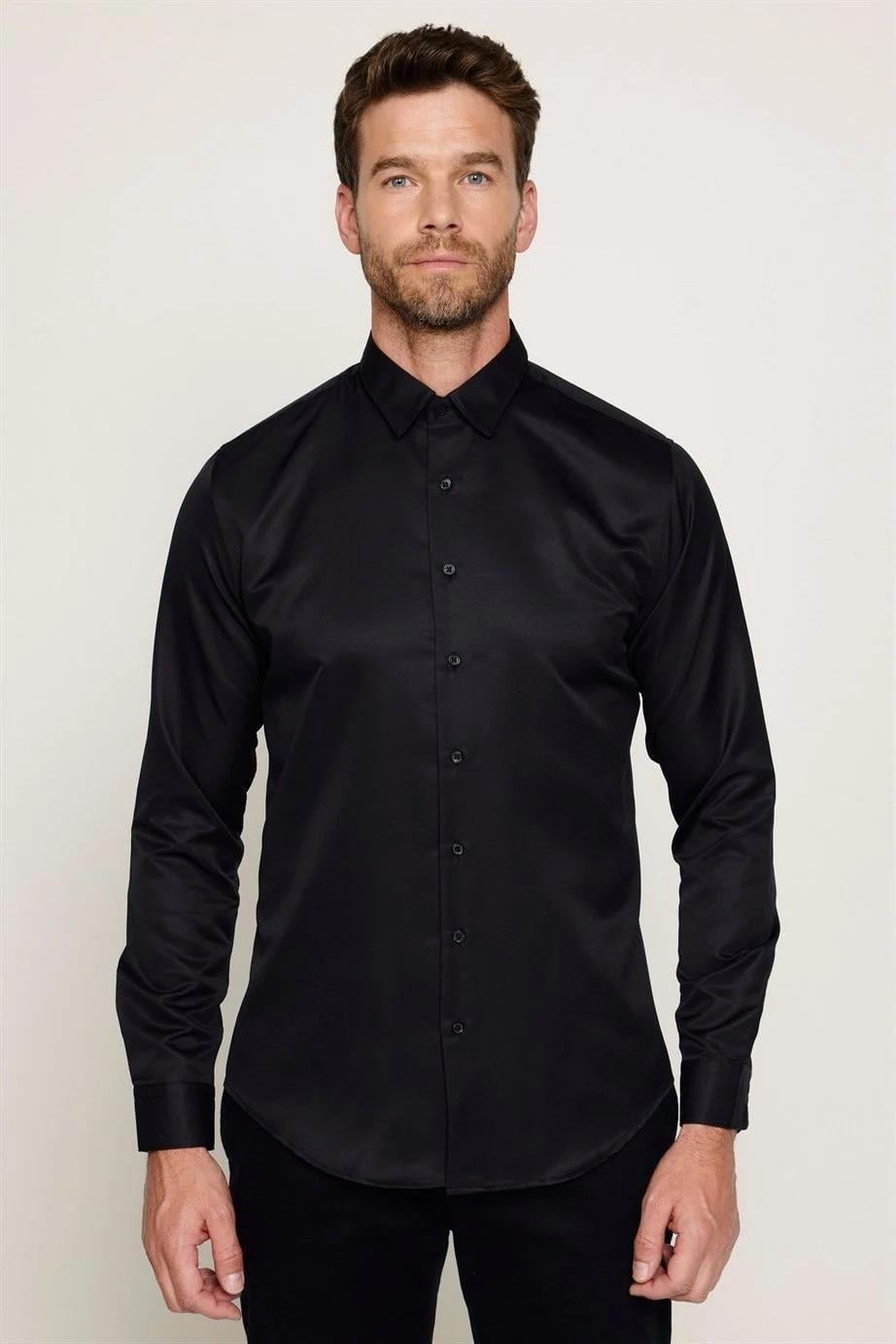 2'li Paket Siyah Slim Fit Kolay Ütü Teri Emen Nefes Alan Doku Dört Mevsim Erkek Gömlek