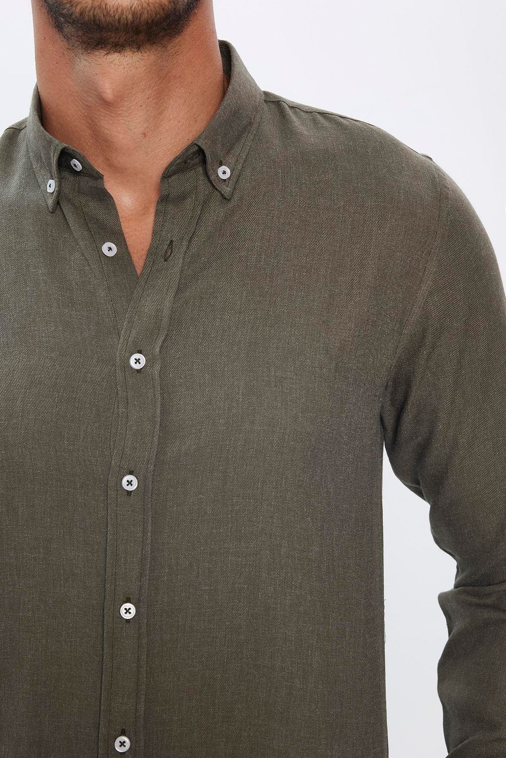 Slim Fit Uzun Kollu Düğmeli Yaka Kışlık Yün Viskon Düz Gömlek