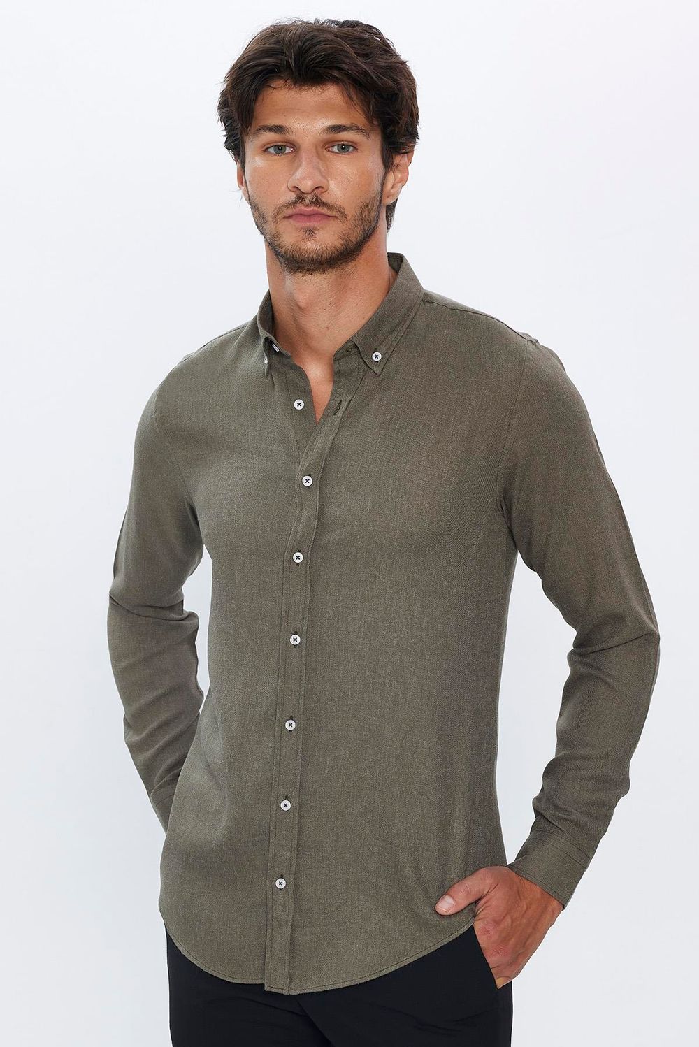 Slim Fit Uzun Kollu Düğmeli Yaka Kışlık Yün Viskon Düz Gömlek