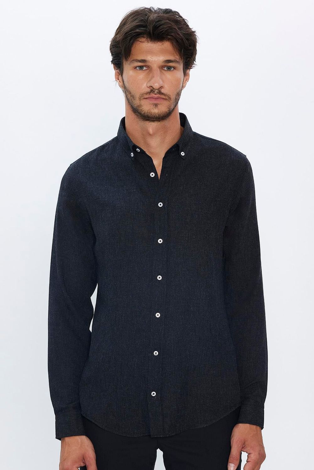 Slim Fit Uzun Kollu Düğmeli Yaka Kışlık Yün Viskon Düz Gömlek