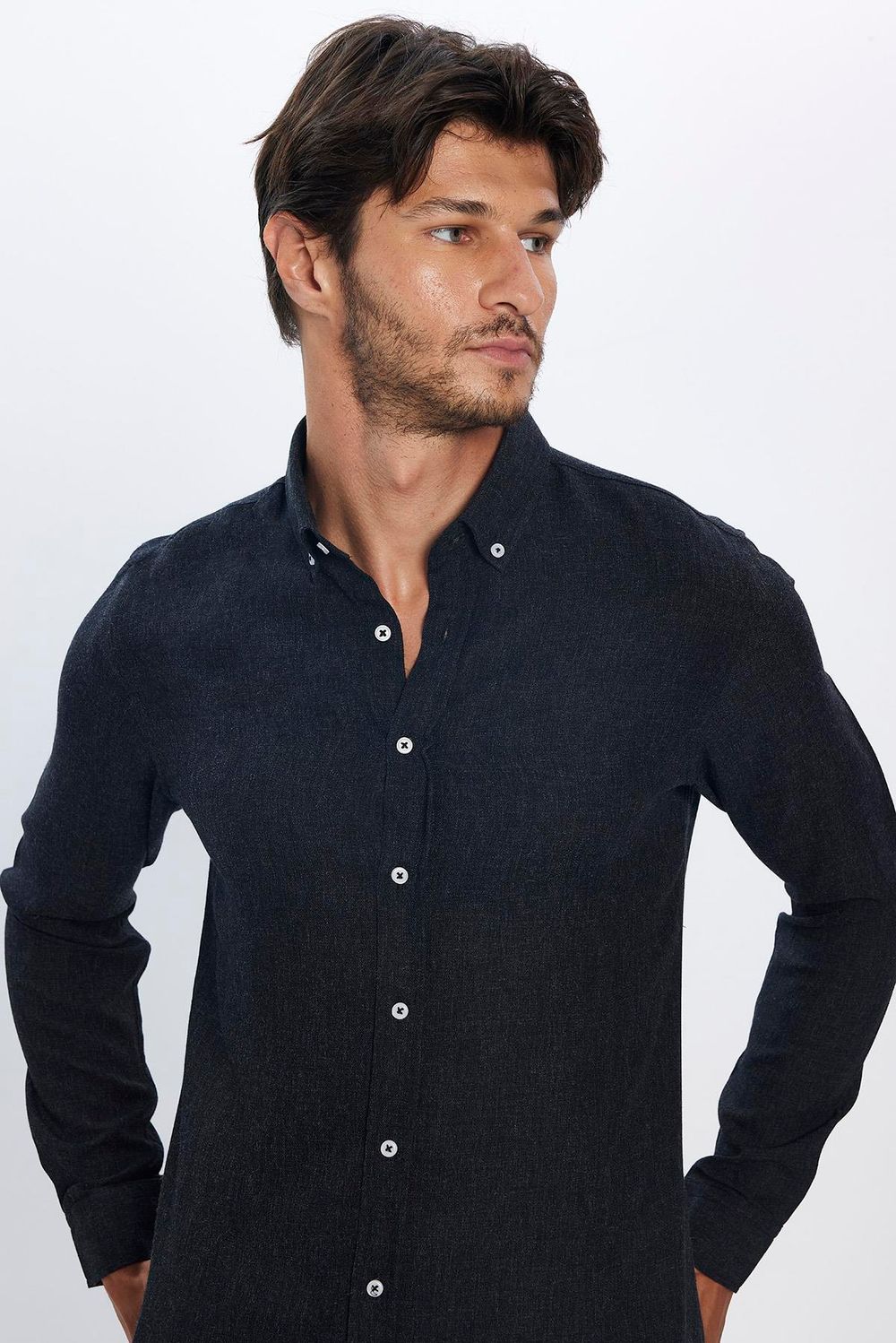 Slim Fit Uzun Kollu Düğmeli Yaka Kışlık Yün Viskon Düz Gömlek