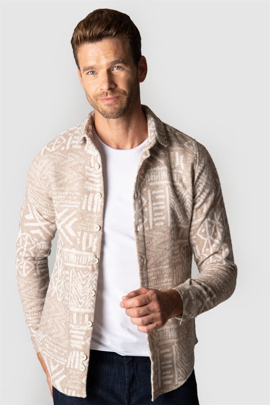 Slim Fit Tek Cep Kışlık Etnik Desen Spor Erkek Gömlek