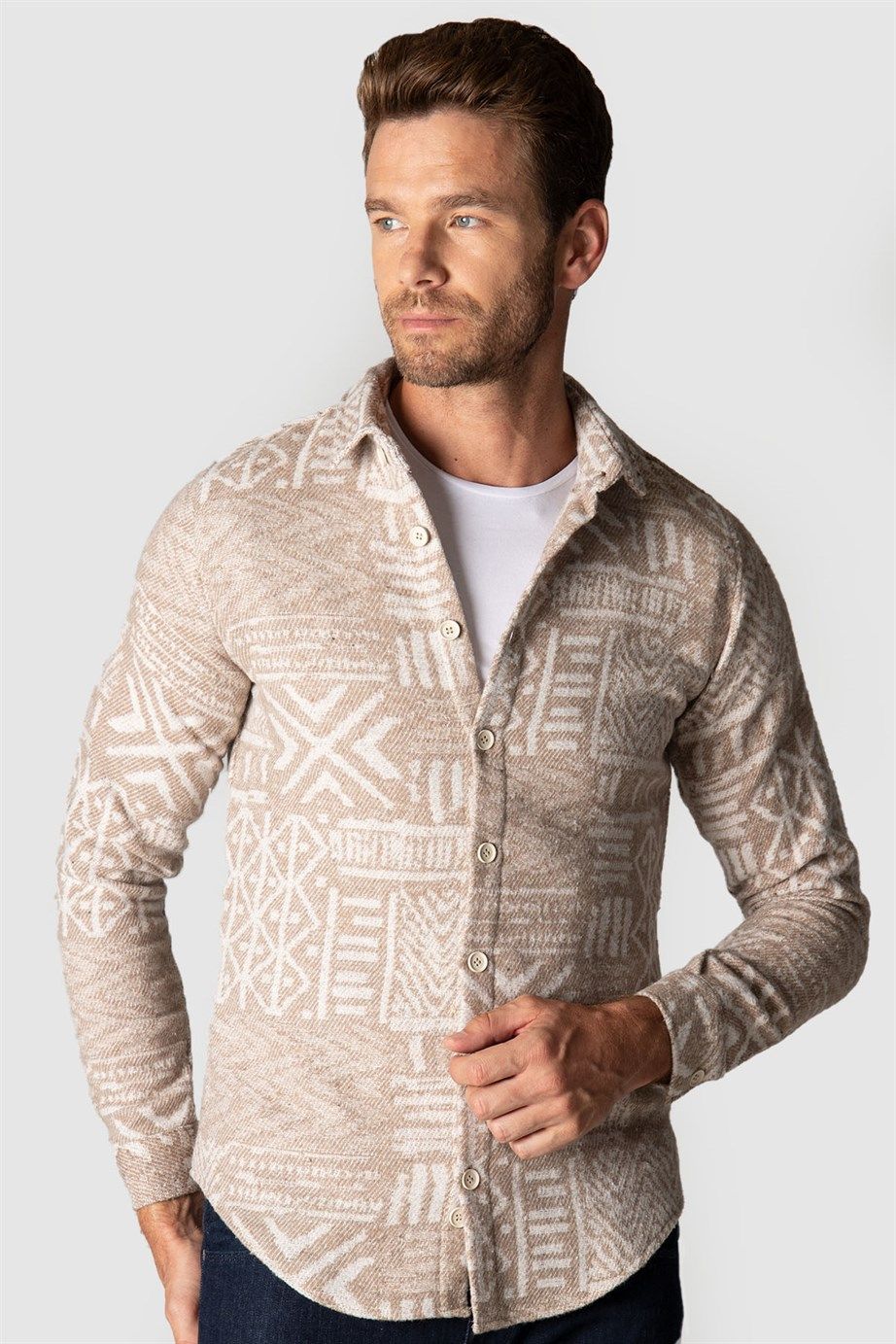 Slim Fit Tek Cep Kışlık Etnik Desen Spor Erkek Gömlek