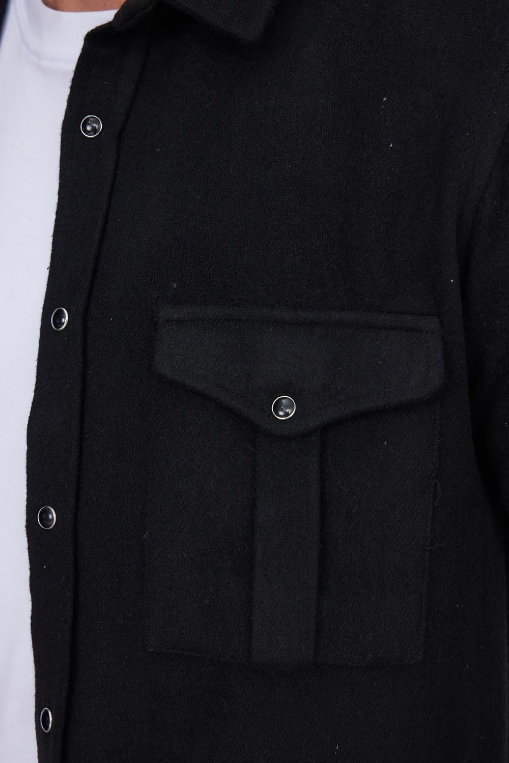 Slim Fit Uzun Kollu Kışlık Oduncu Çift Cep Kapaklı Düz Unisex Siyah Gömlek