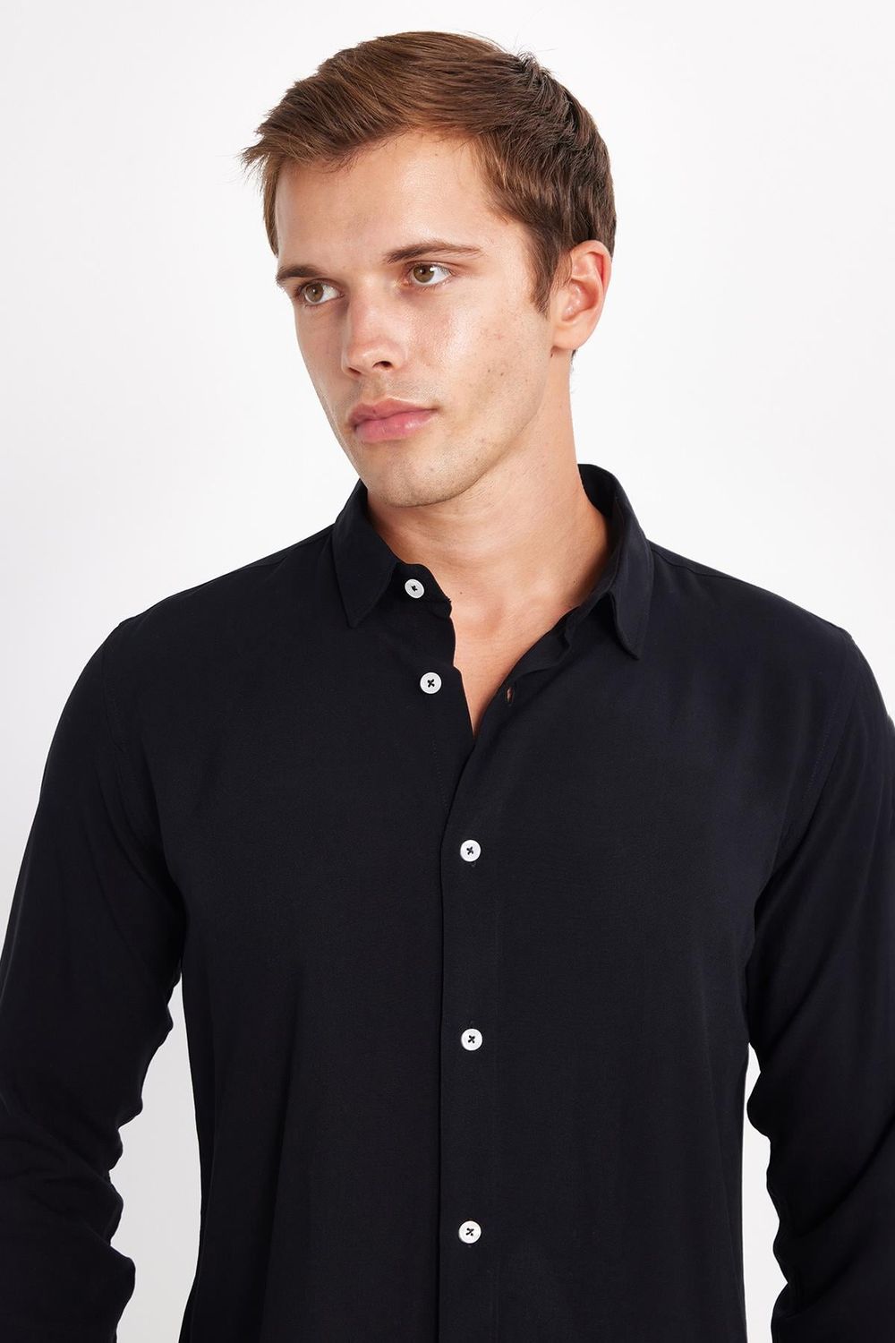 Slim Fit Uzun Kollu Dar Kesim Dökümlü Viskon Şık Erkek Siyah Gömlek