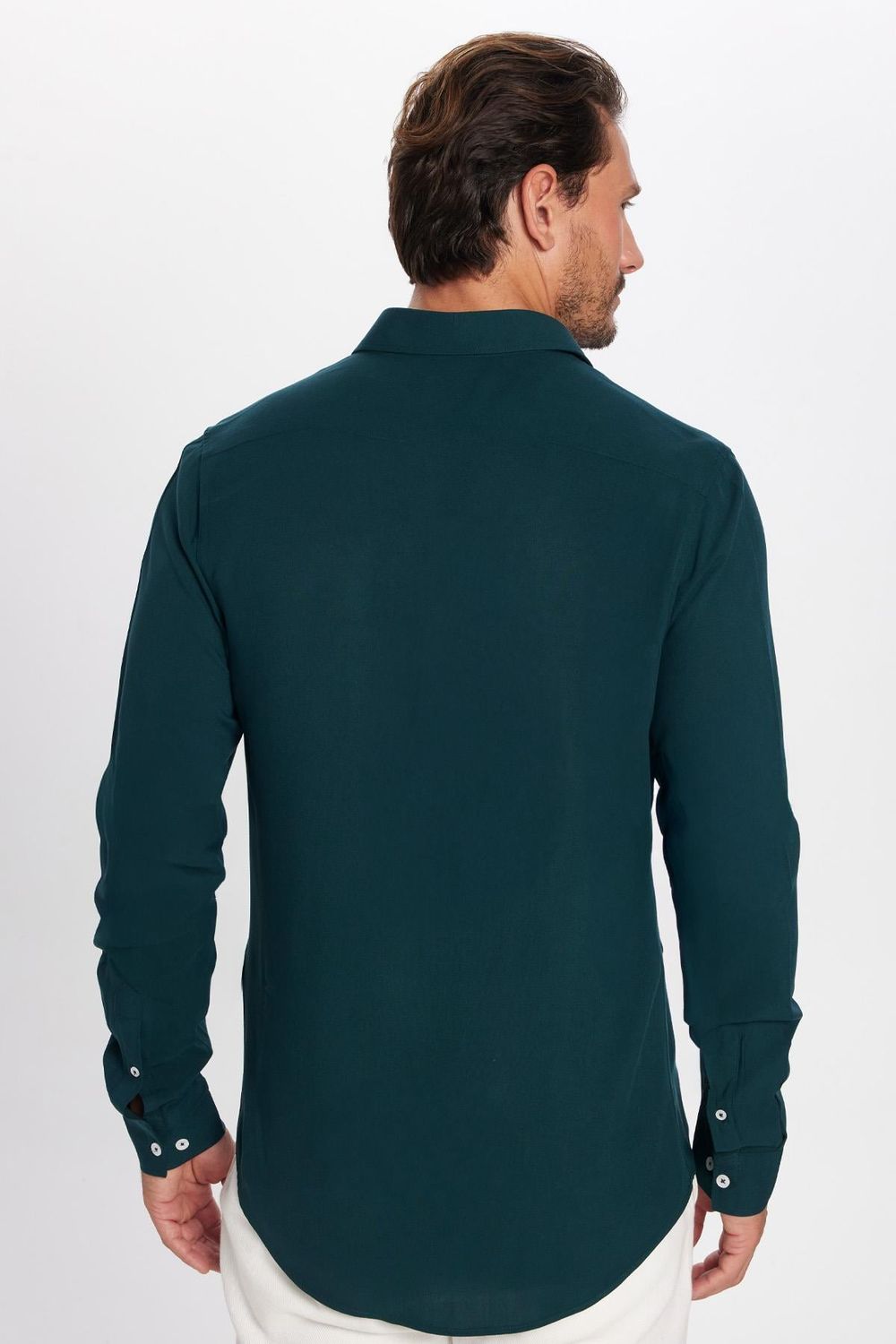 Slim Fit Uzun Kollu Dar Kesim Dökümlü Viskon Şık Erkek Yeşil Gömlek