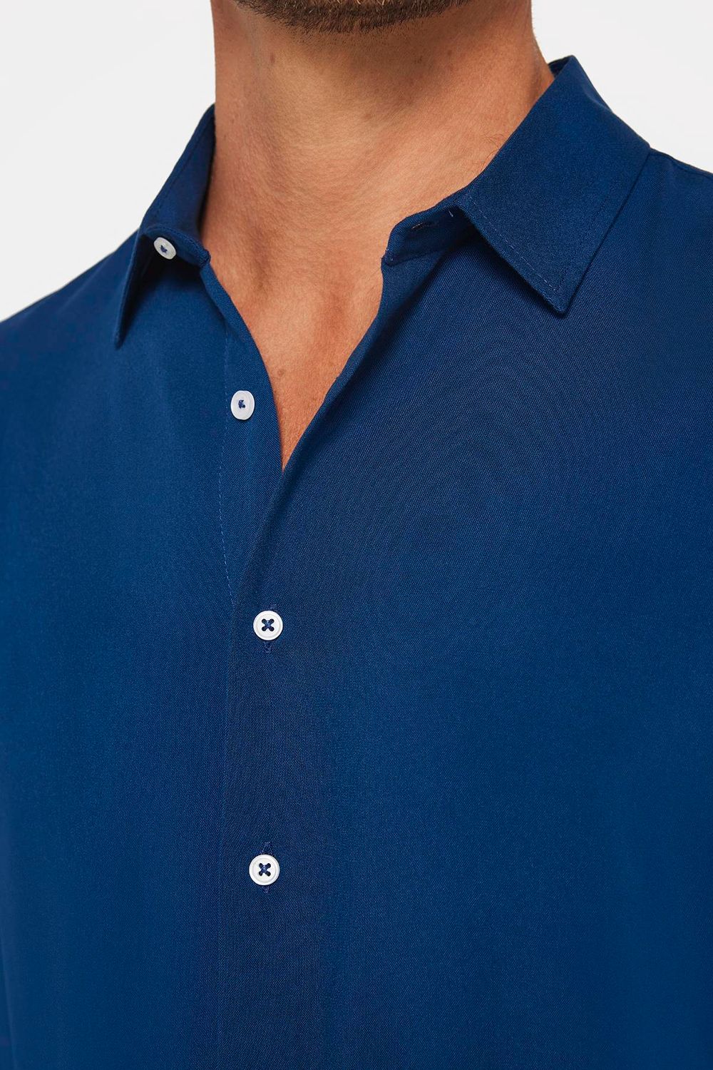 Slim Fit Uzun Kollu Dar Kesim Dökümlü Viskon Şık Erkek Lacivert Gömlek