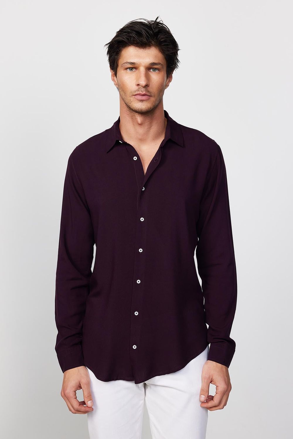 Slim Fit Dar Kesim Uzun Kol Dökümlü Viskon Şık Mürdüm Erkek Gömlek