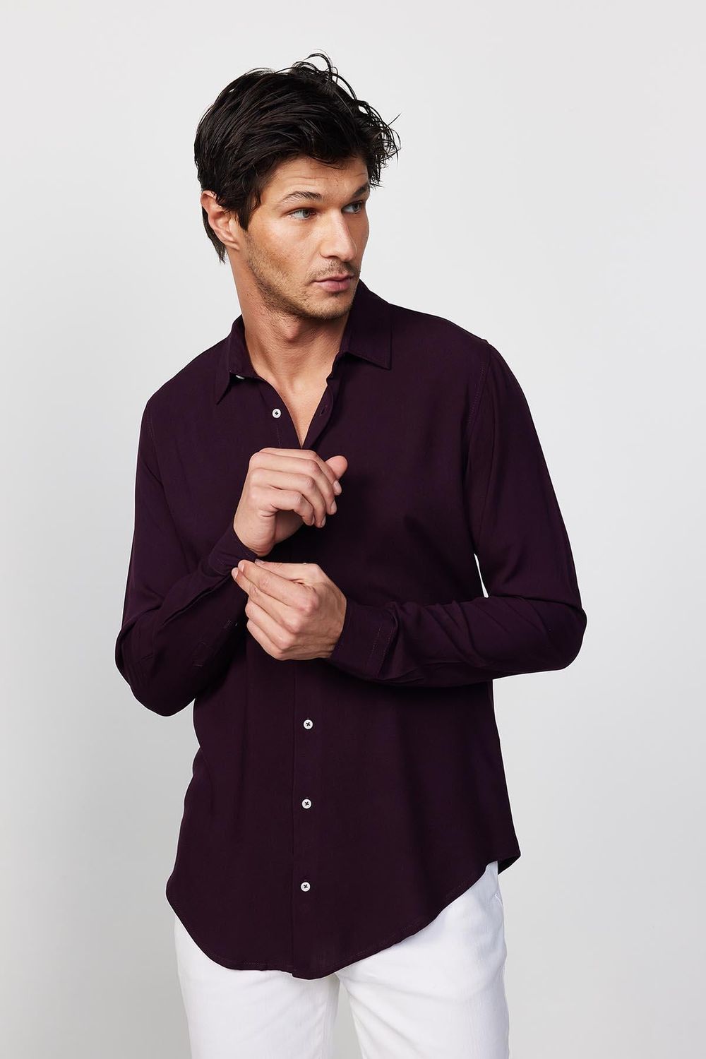 Slim Fit Dar Kesim Uzun Kol Dökümlü Viskon Şık Mürdüm Erkek Gömlek