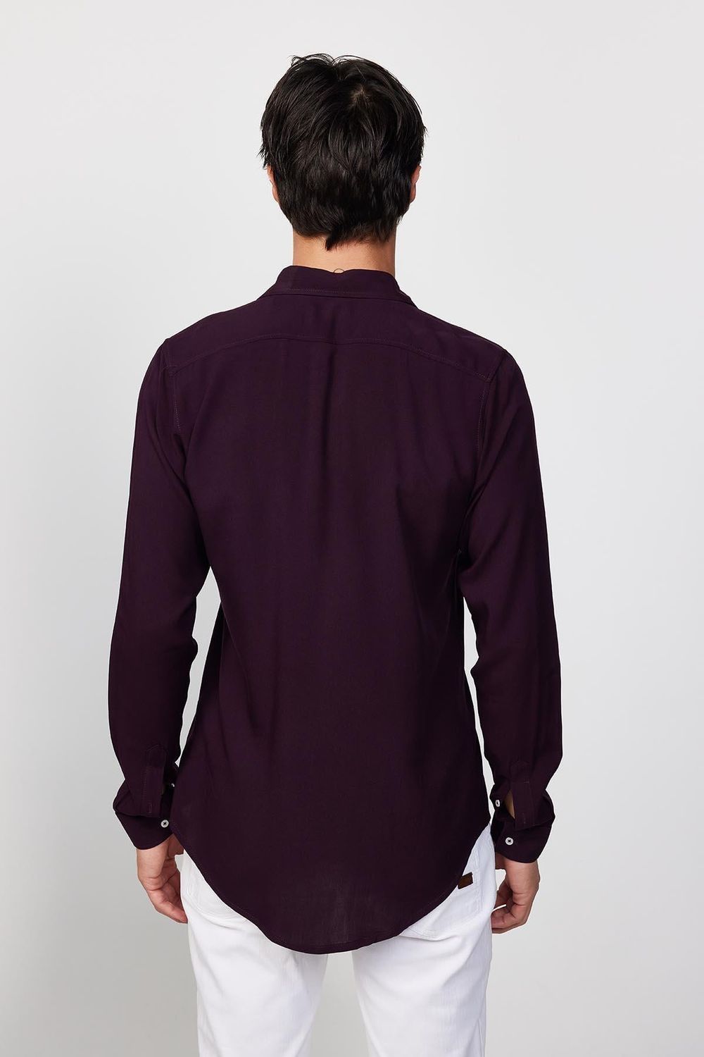 Slim Fit Dar Kesim Uzun Kol Dökümlü Viskon Şık Mürdüm Erkek Gömlek