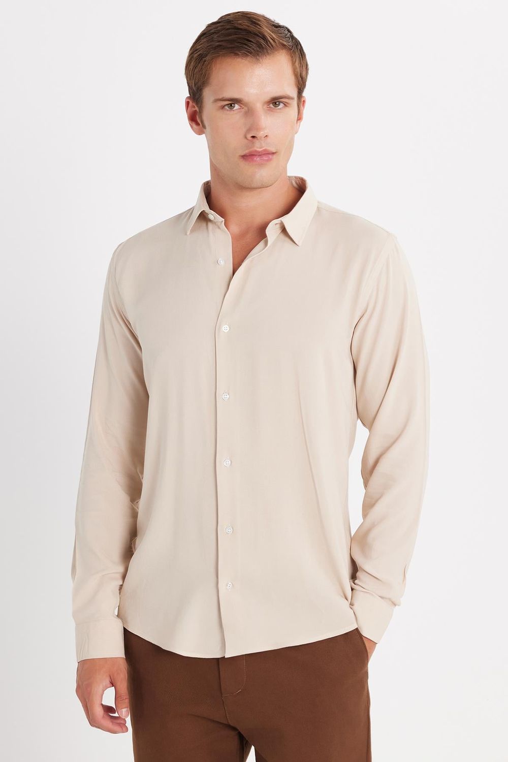 Slim Fit Uzun Kollu Dar Kesim Dökümlü Viskon Şık Taş Rengi Erkek Gömlek