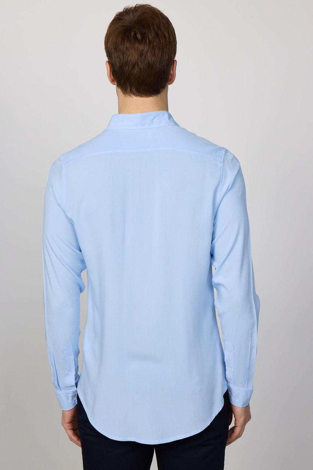 Slim Fit Dar Kesim Uzun Kol Dökümlü Viskon Şık Mavi Erkek Gömlek