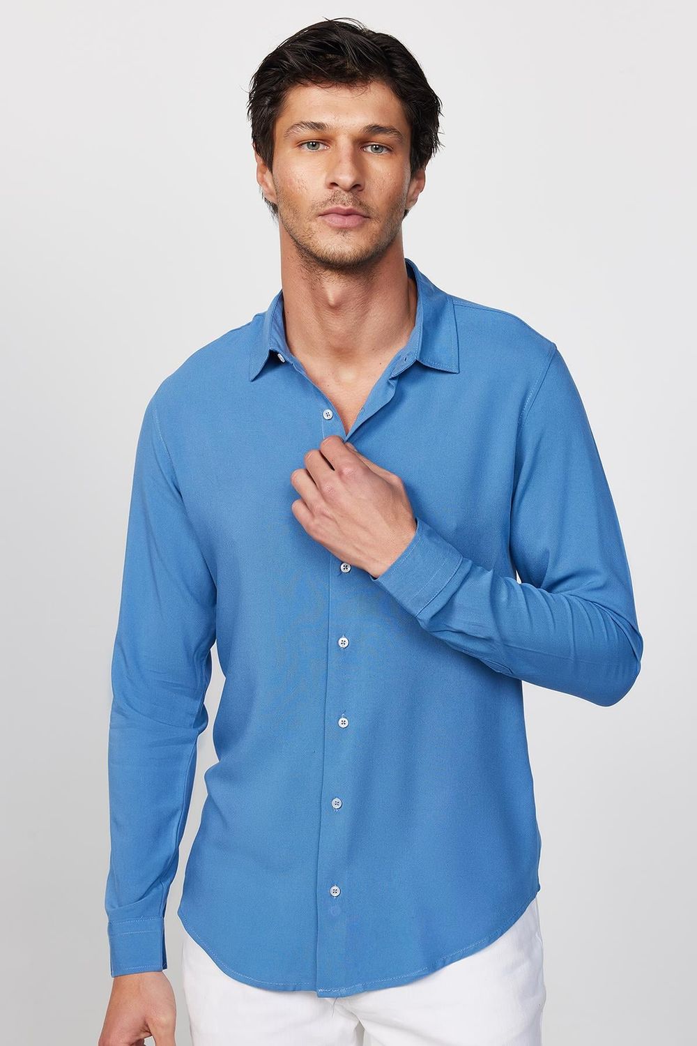 Slim Fit Dar Kesim Uzun Kol Dökümlü Viskon Şık İndigo Erkek Gömlek