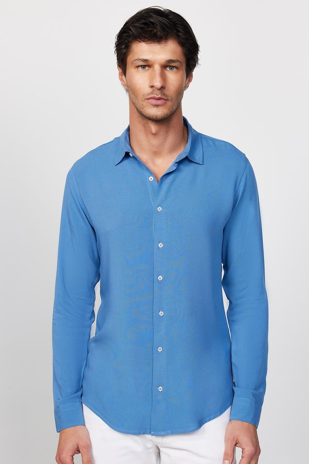 Slim Fit Dar Kesim Uzun Kol Dökümlü Viskon Şık İndigo Erkek Gömlek