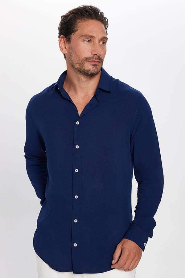 Slim Fit Uzun Kollu Dar Kesim Dökümlü Viskon Şık Lacivert Erkek Gömlek