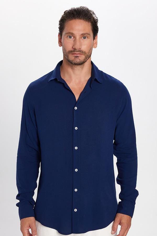 Slim Fit Uzun Kollu Dar Kesim Dökümlü Viskon Şık Lacivert Erkek Gömlek