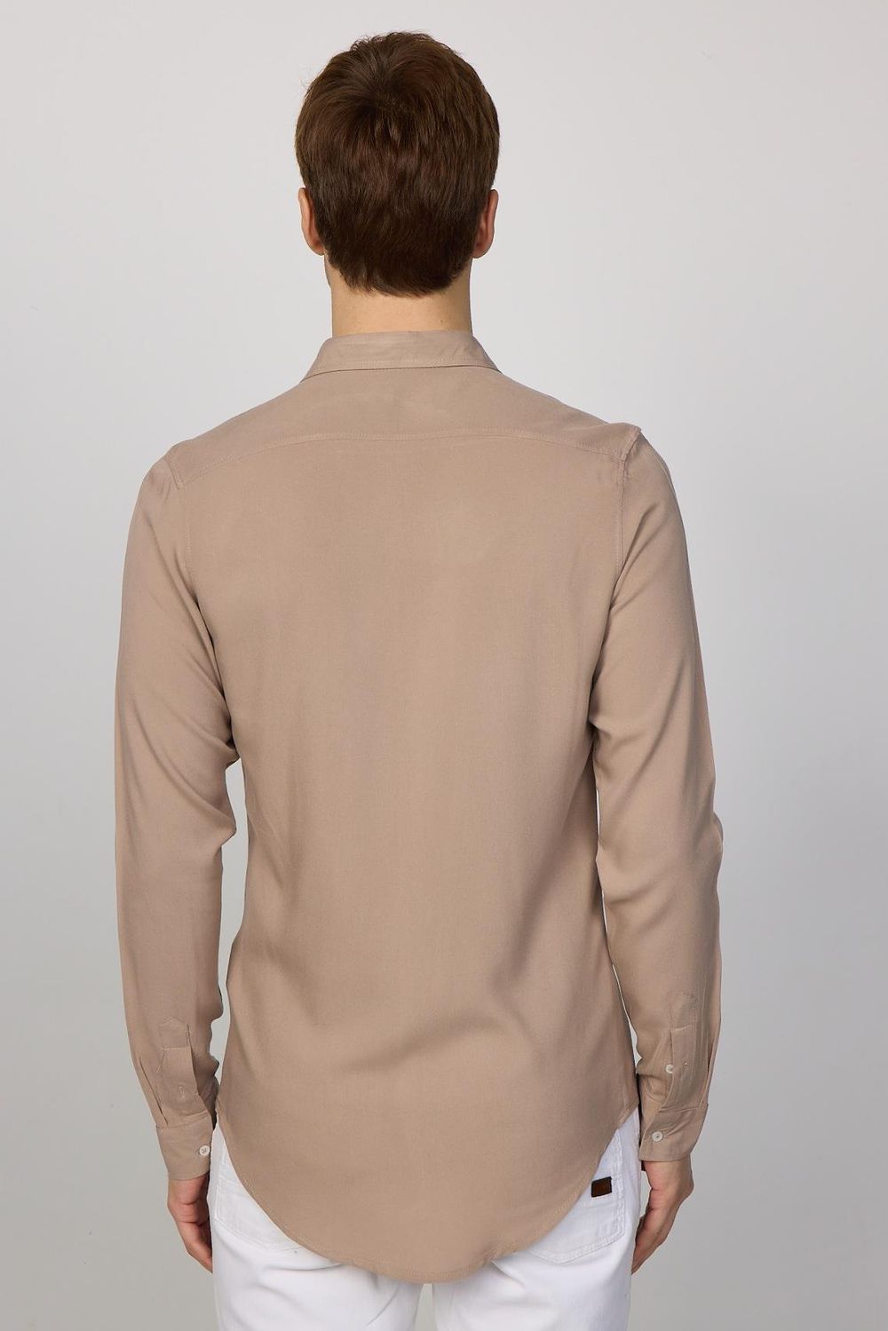 Slim Fit Dar Kesim Uzun Kol Dökümlü Viskon Şık Vizon Erkek Gömlek