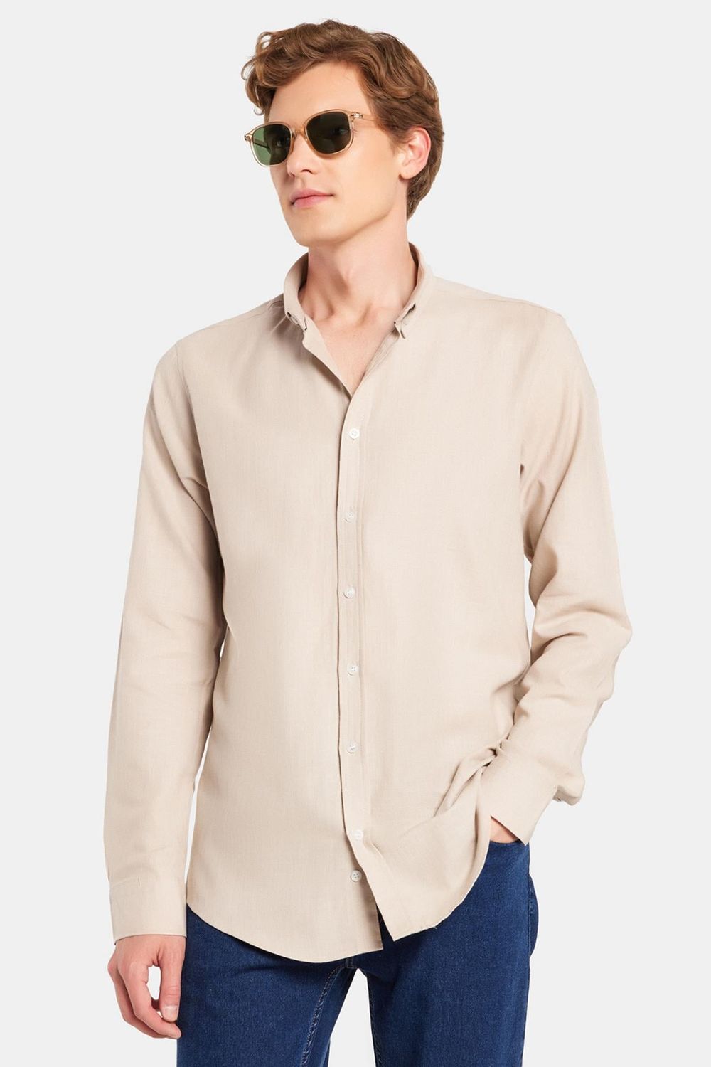 Erkek Slim Fit Dar Kesim %100 Pamuk Keten Doku Düğmeli Yaka Taş Renk Gömlek