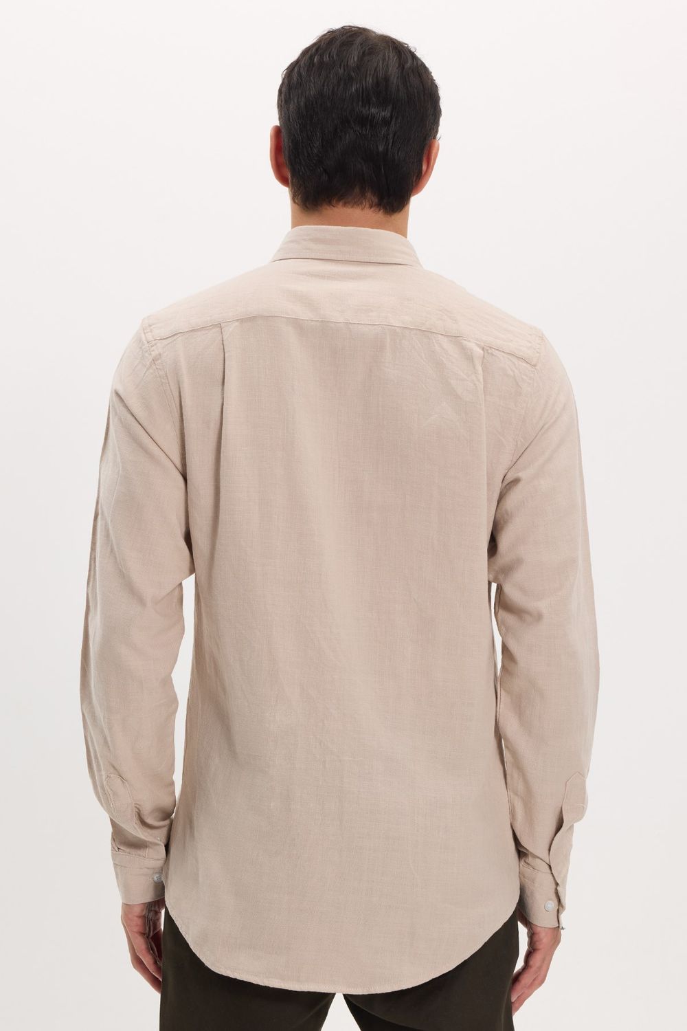 Erkek Slim Fit Dar Kesim %100 Pamuk Keten Doku Düğmeli Yaka Taş Renk Gömlek