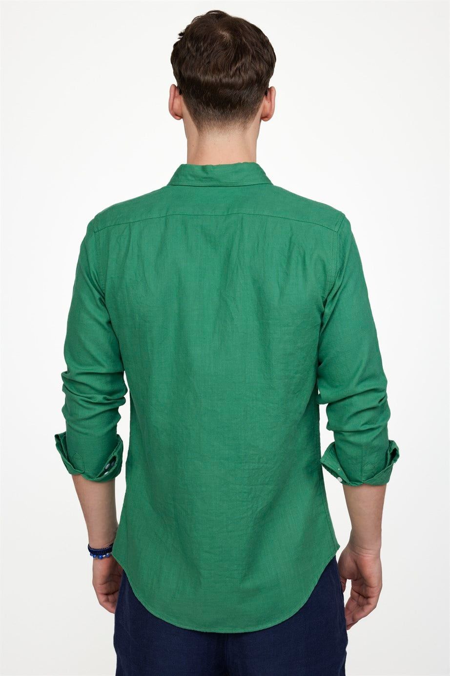 Slim Fit Uzun Kol Biyeli Yaka Düğmeli Keten Erkek Gömlek