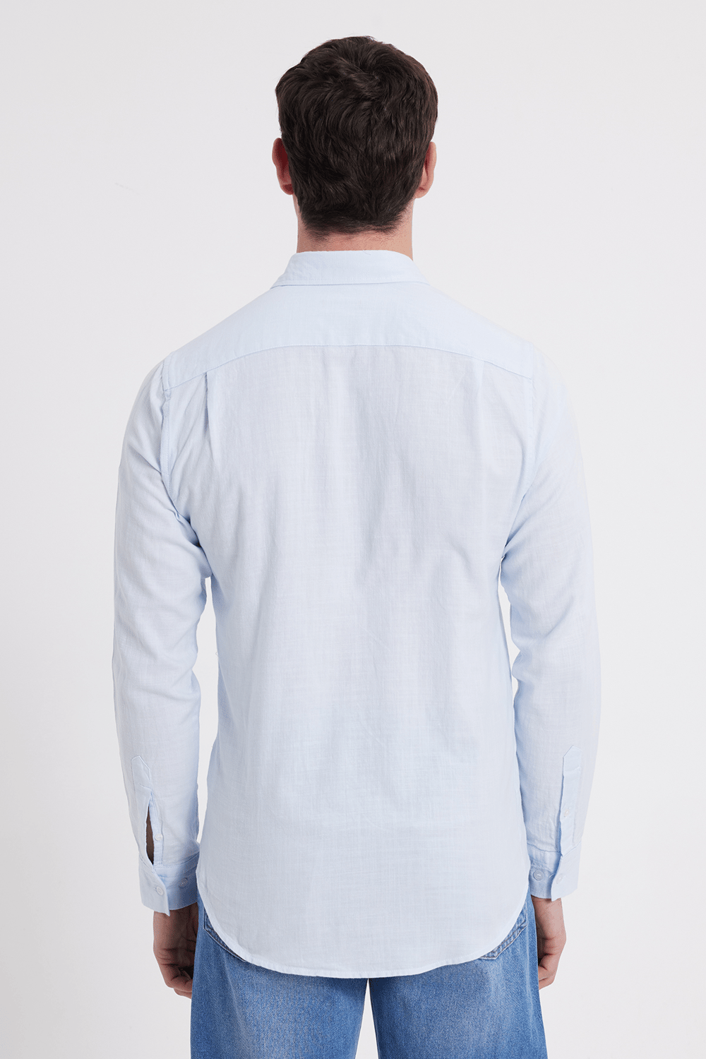 Erkek Slim Fit Dar Kesim %100 Pamuk Keten Doku Düğmeli Yaka Mavi Gömlek