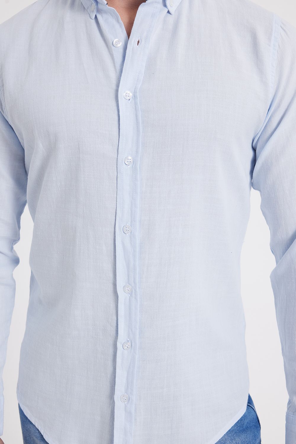 Erkek Slim Fit Dar Kesim %100 Pamuk Keten Doku Düğmeli Yaka Mavi Gömlek