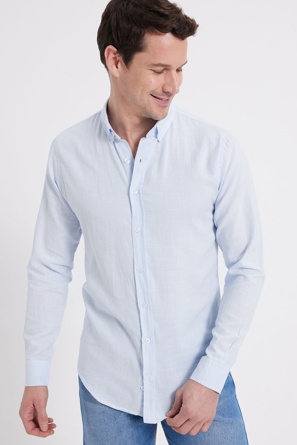 Erkek Slim Fit Dar Kesim %100 Pamuk Keten Doku Düğmeli Yaka Mavi Gömlek