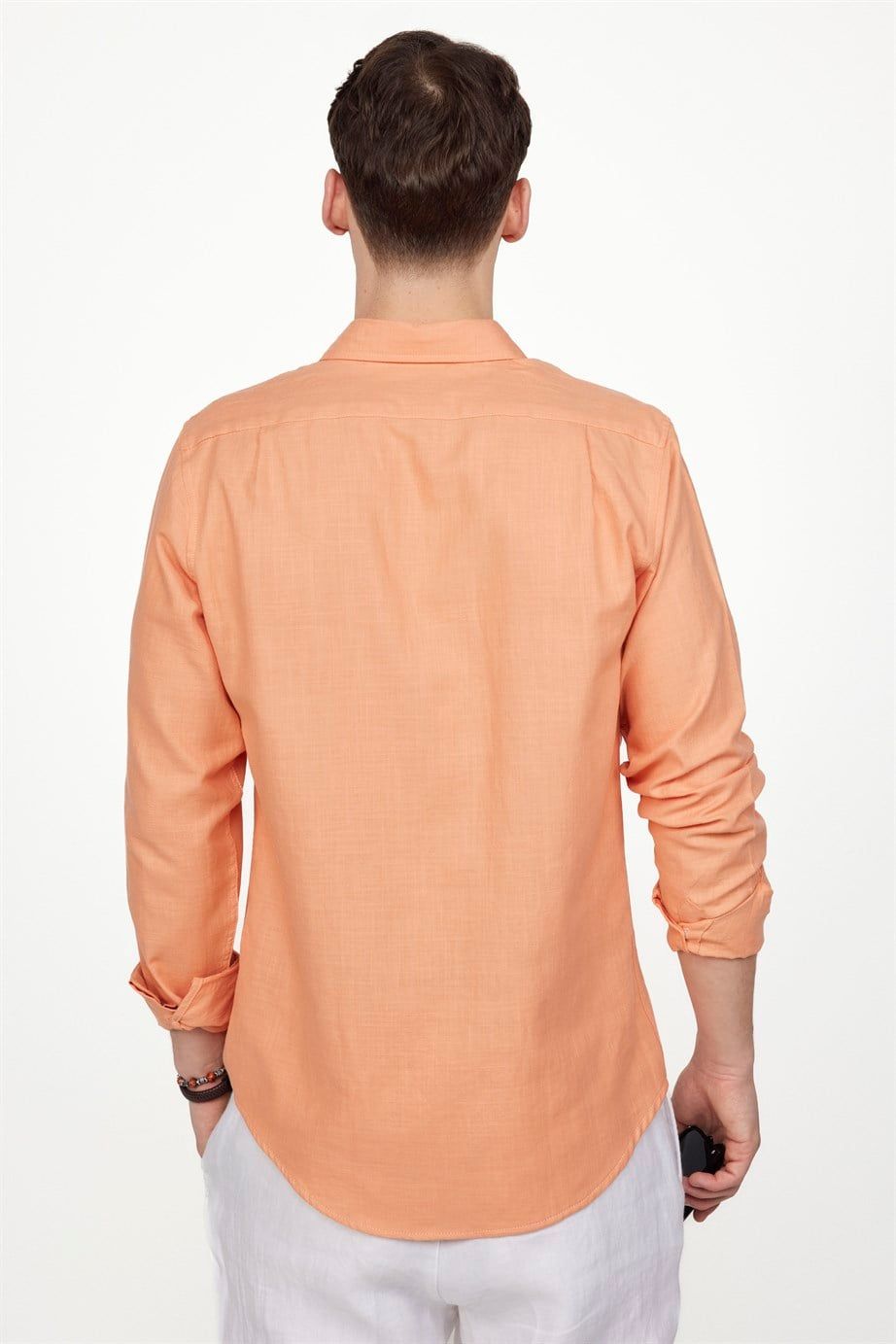 Slim Fit Uzun Kol Biyeli Yaka Düğmeli Keten Erkek Gömlek