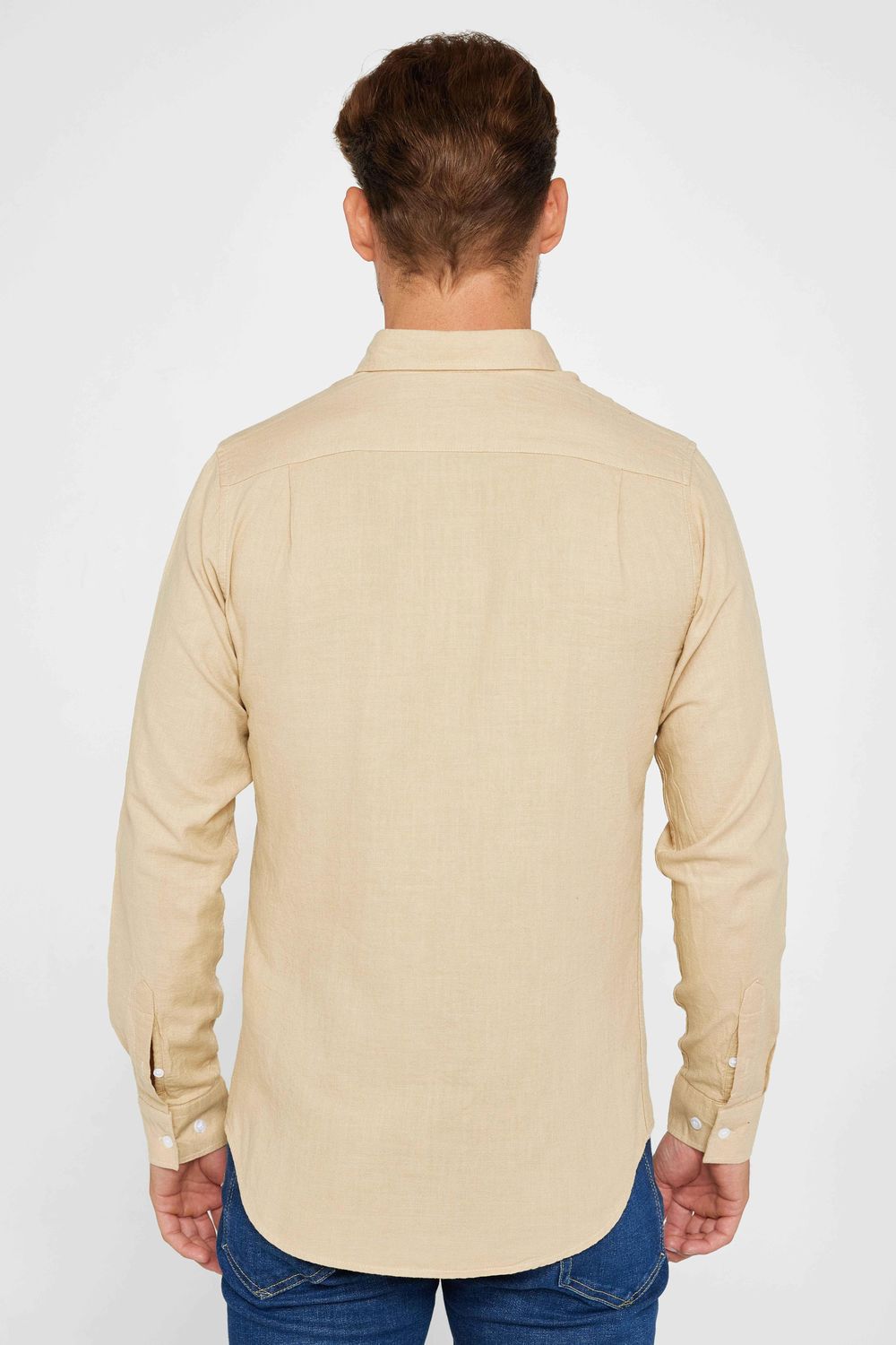 Slim Fit Uzun Kollu Biyeli Yaka Düğmeli Keten Bej Erkek Gömlek