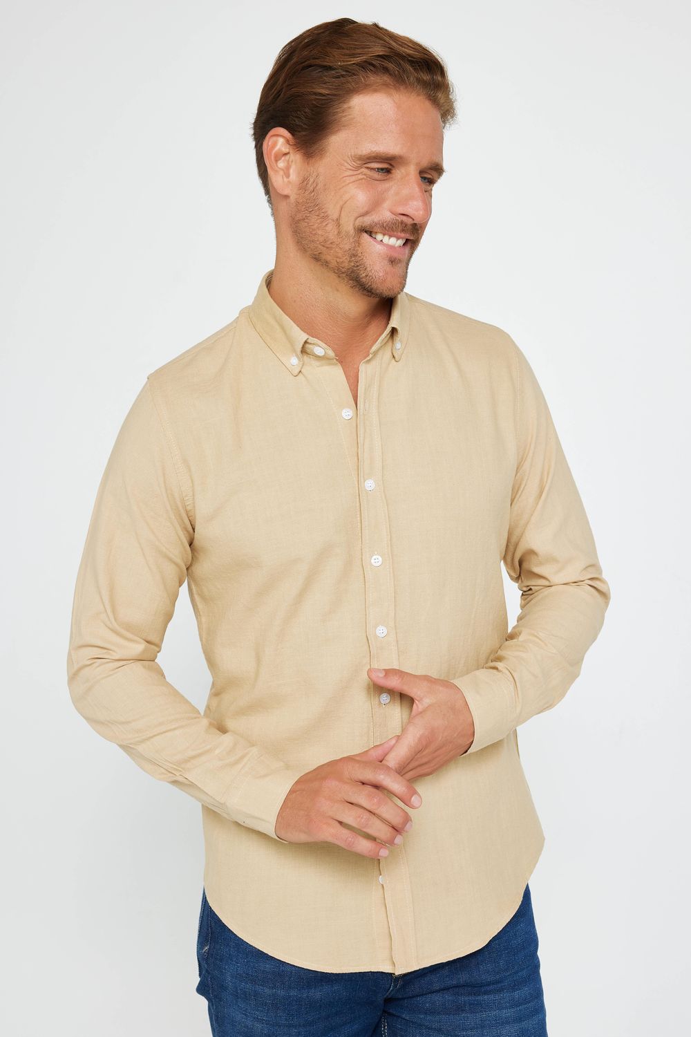 Slim Fit Uzun Kollu Biyeli Yaka Düğmeli Keten Bej Erkek Gömlek